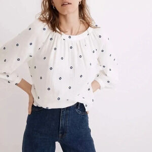 New Madewell Embroidered Lightspun Wide Neck Cuffed Sleeve Top
